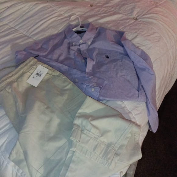 Light Blue Button-Up Shirt and Beige Pants Set - Picture 1 of 1